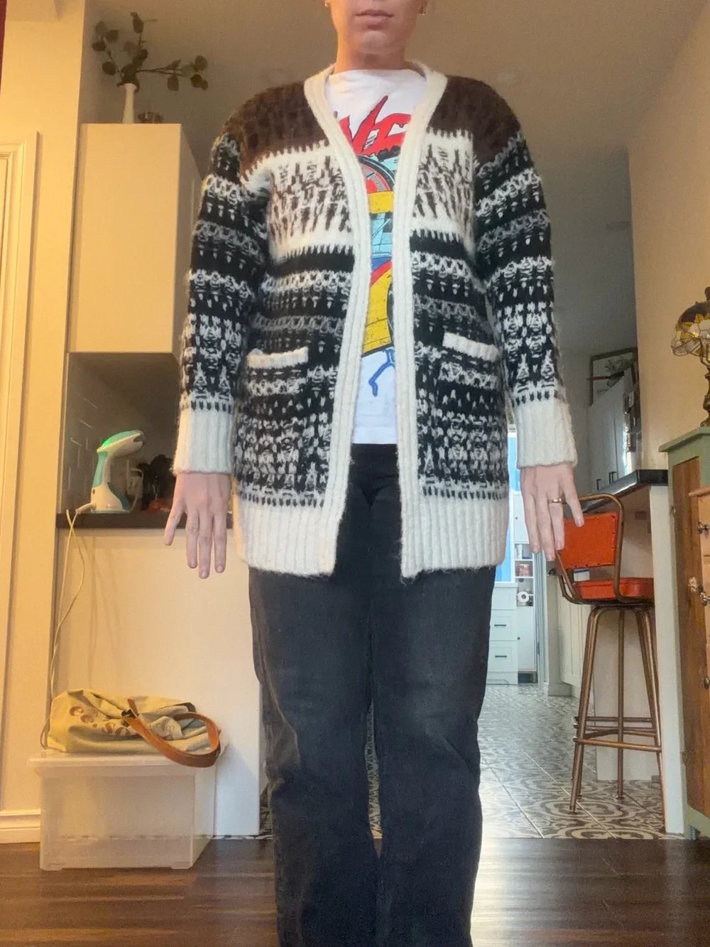 eesome Open-Front Fair Isle Cardigan in Cream, Brown, and Black - Picture 8 of 13